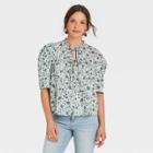 Women's Puff Short Sleeve Tie Neck Blouse - Universal Thread Mint Green Floral