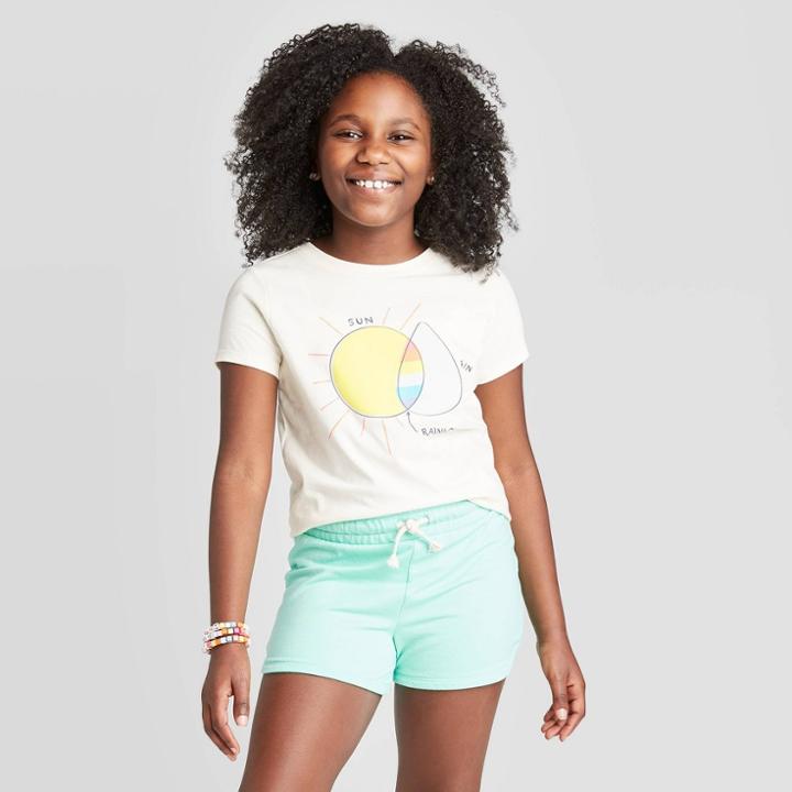 Petitegirls' Short Sleeve Sun And Rain Graphic T-shirt - Cat & Jack Cream Xs, Girl's, Beige