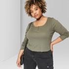 Women's Plus Size Long Scoop Neck Sleeve Henley Button T-shirt - Wild Fable Olive