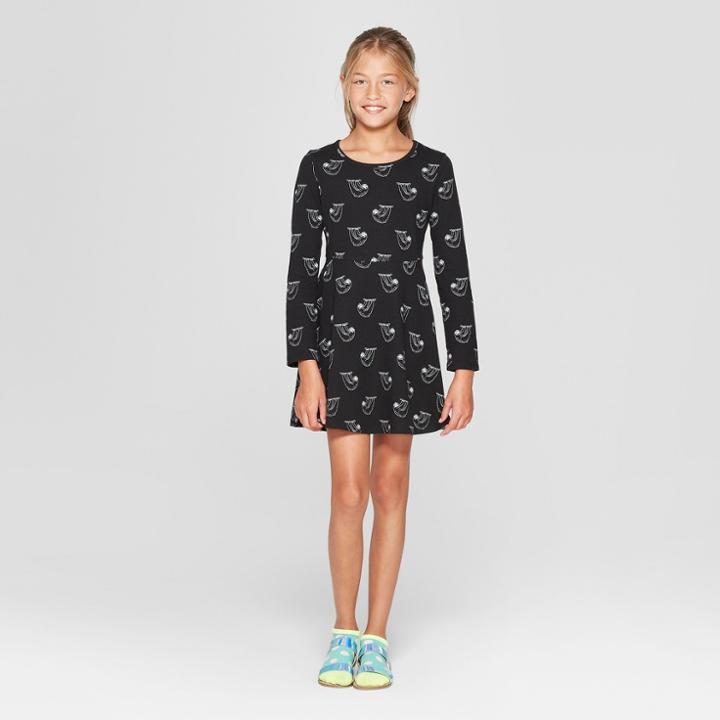 Girls' Long Sleeve Image Sloth Print Dress - Cat & Jack Black