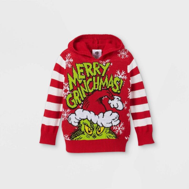 Dr. Seuss Toddler Boys' The Grinch 'merry Grinchmas' Hooded Sweater - Red