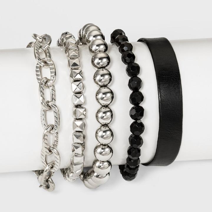 Target Mixed Chain, Beads And Simulated Leather Bracelet - Rhodium, Dark