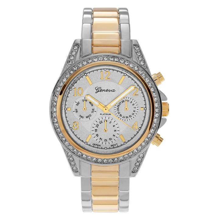 Women's Geneva Platinum Rhinestone Bezel Metal Cuff Watch - Two Tone,