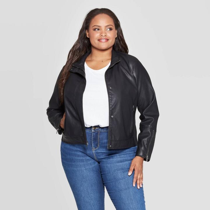 Women's Plus Size Faux Leather Moto Jacket - Ava & Viv Black X