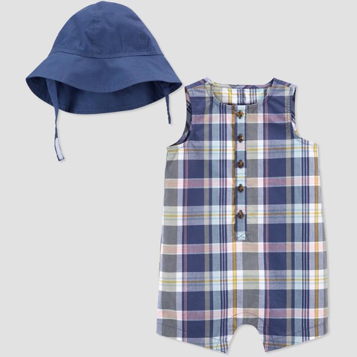 Baby Girls' Plaid Romper With Hat - Just One You Made By Carter's Blue Newborn