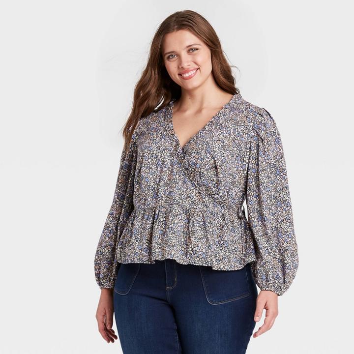 Women's Plus Size Floral Print Balloon Long Sleeve Wrap Top- Universal Thread Blue