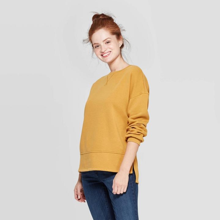Women's Long Sleeve Crewneck Fleece Tunic Pullover Sweatshirt - Universal Thread Gold M, Women's,