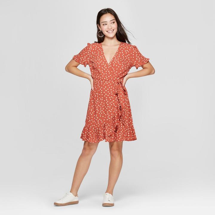 Women's Polka Dots Short Sleeve Wrap Dress - Xhilaration Mustard (yellow)