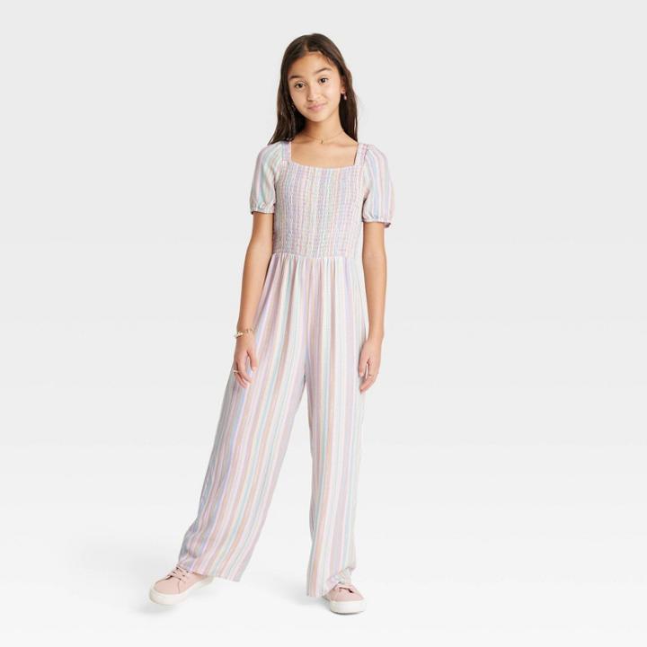 Girls' Puff Short Sleeve Smocked Jumpsuit - Art Class Lavender Striped Xs, Purple