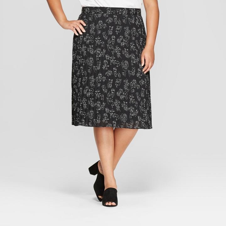 Women's Plus Size Printed Pleated Midi Skirt - A New Day + Vital Voices - Black