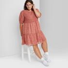 Women's Plus Size Short Sleeve Smocked Top Tiered Dress - Wild Fable Pink Floral