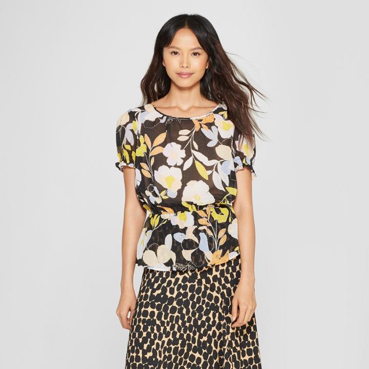 Women's Floral Print Short Sleeve Puff Shoulder Smocked Top - Who What Wear White/black M, White/black Floral