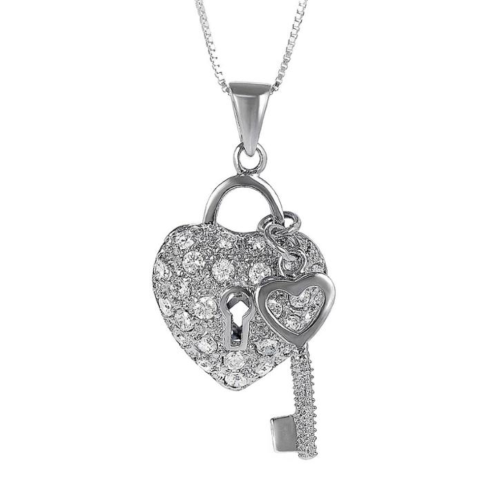 Journee Collection Tressa Collection Cubic Zirconia Heart Locket And Key Pave Set Necklace In Sterling Silver, Women's
