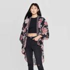 Women's Floral Print 3/4 Sleeve Midi Length Kimono Jacket - Xhilaration Black Xs/s, Women's,
