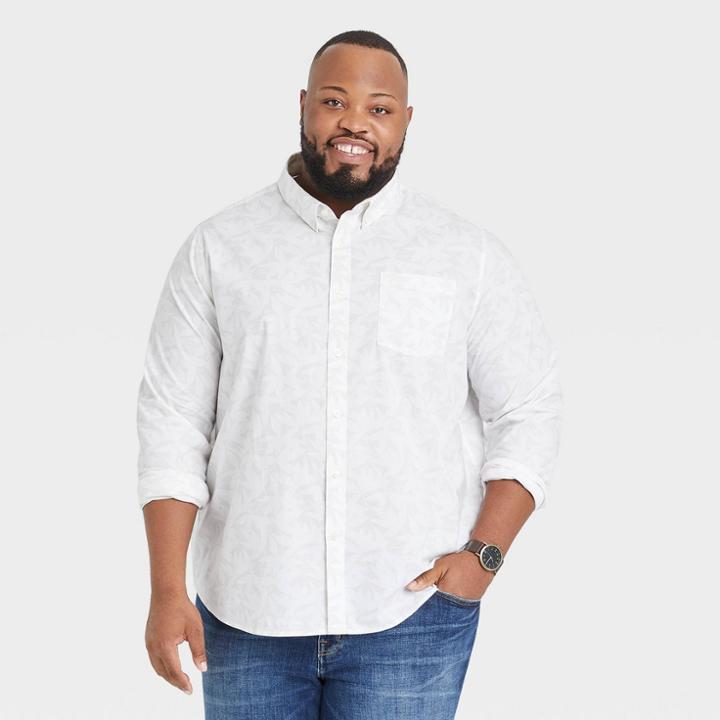 Men's Tall Printed Standard Fit Long Sleeve Button-down Shirt - Goodfellow & Co Off-white/leaf
