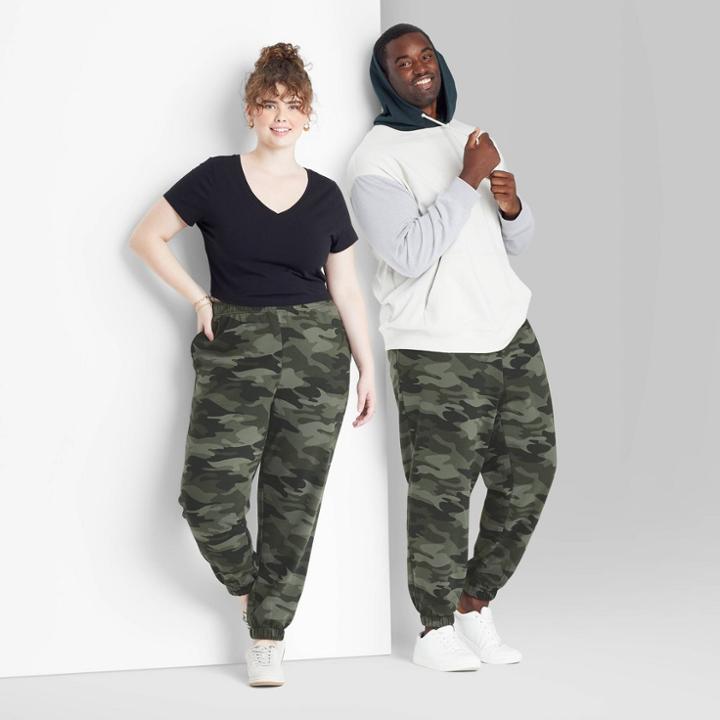 Women's Plus Size High-rise Fleece Sweatpants - Wild Fable Green Camo