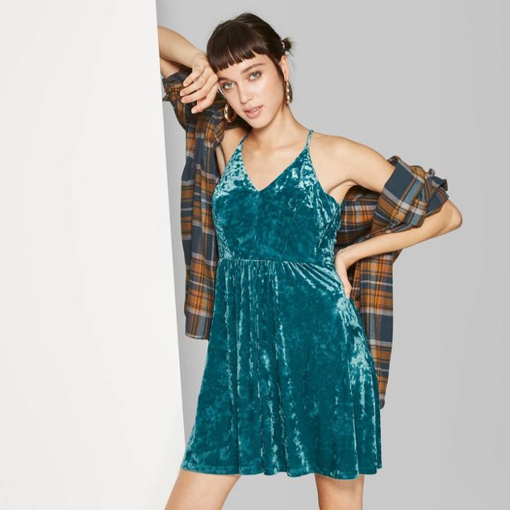 Women's Strappy V-neck Velvet Skater Dress - Wild Fable Zenith Teal M, Size: Medium, Zenith Blue