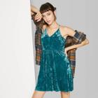 Women's Strappy V-neck Velvet Skater Dress - Wild Fable Zenith Teal M, Size: Medium, Zenith Blue