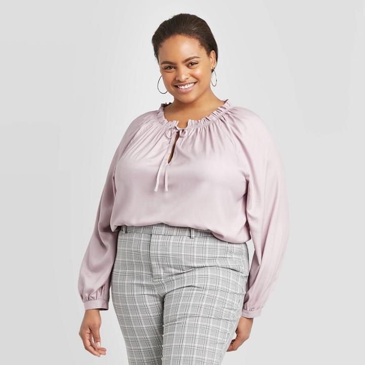 Women's Plus Size Long Sleeve V-neck Blouse - A New Day Purple 1x, Women's,