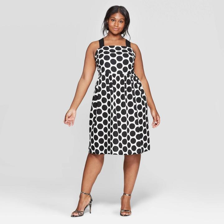 Women's Plus Size Polka Dot Off The Shoulder Contrast Strap Midi Dress - Who What Wear White/black X