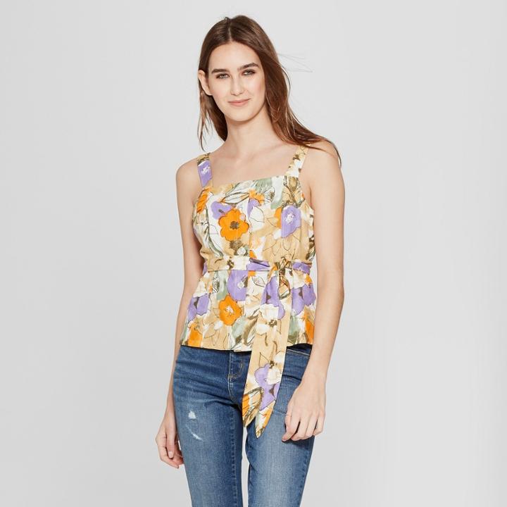 Women's Floral Print Button-up Tie Waist Tank - Mossimo Purple/orange Floral