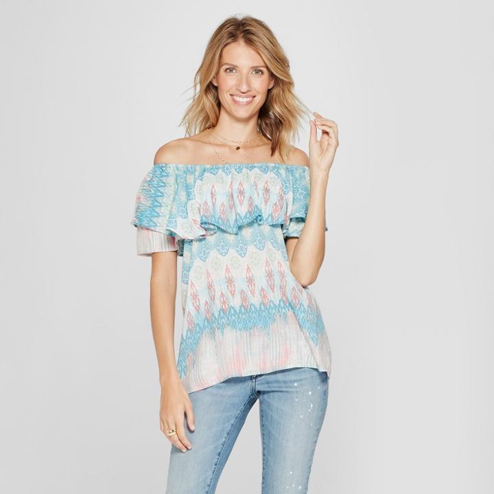 Women's 3/4 Sleeve Off The Shoulder Ruffle Top - Spenser Jeremy - Pink/teal M, Blue Green Pink