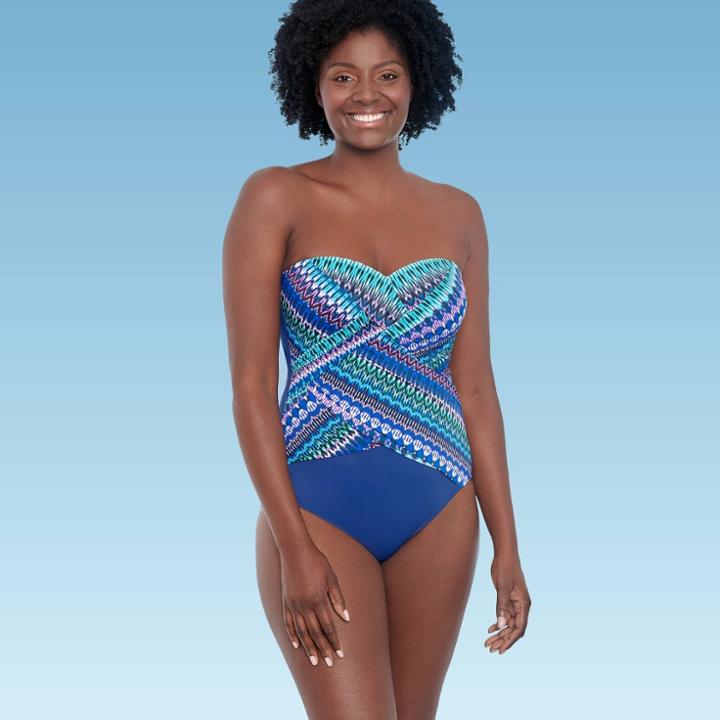 Women's Slimming Control Draped Shirred Bandeau One Piece Swimsuit - Dreamsuit By Miracle Brands Blue