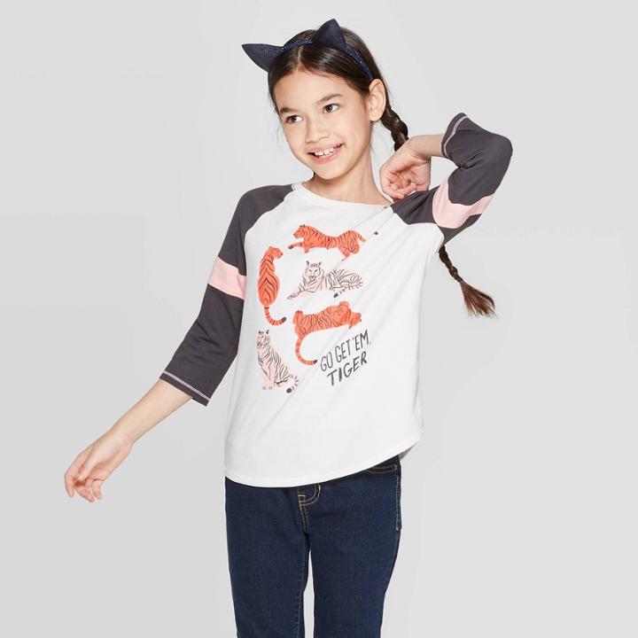 Girls' 3/4 Sleeve Tiger Print Baseball T-shirt - Cat & Jack Cream