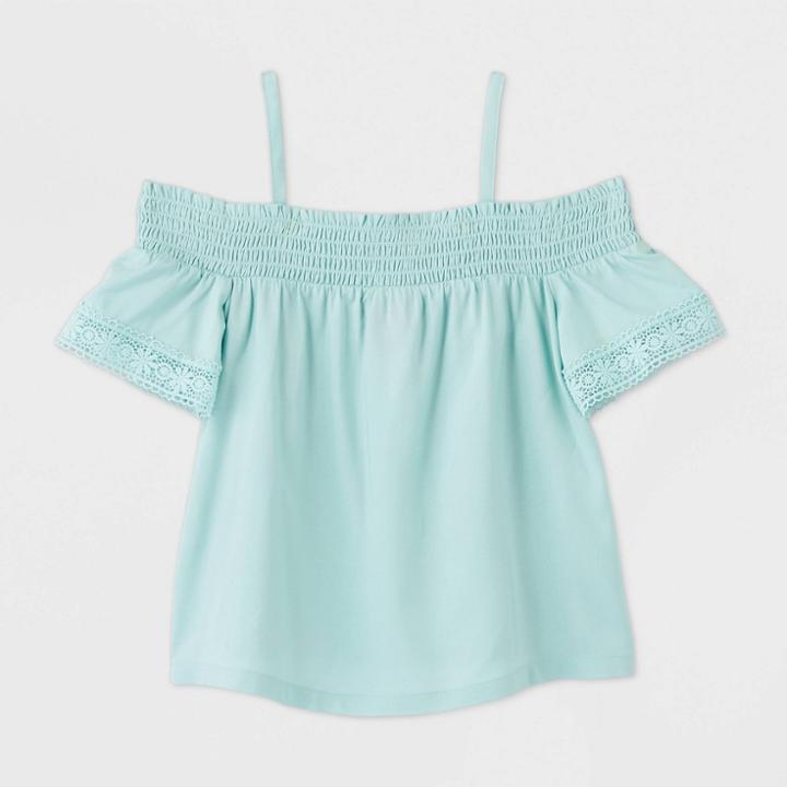 Toddler Girls' Off The Shoulder With Crochet Sleeve Top - Art Class Mint Blue