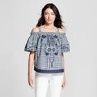 Women's Gingham Short Sleeve Embroidered Cold Shoulder Top - Knox Rose Navy Print