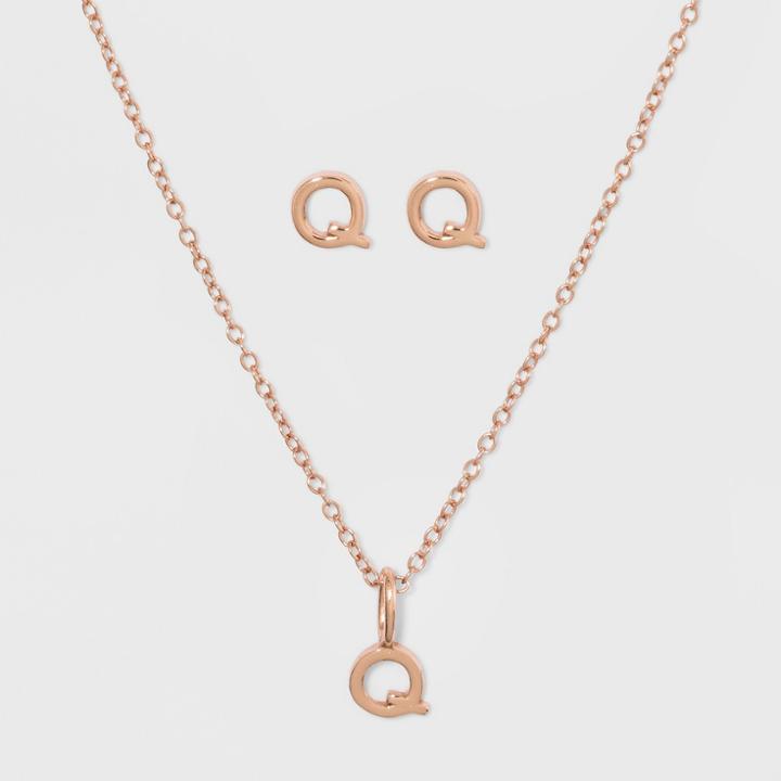 Sterling Silver Initial Q Earrings And Necklace Set - A New Day Rose Gold, Girl's, Rose Gold - Q