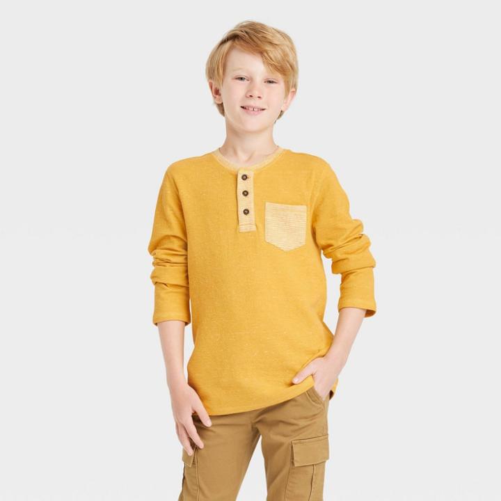 Boys' Long Sleeve Double Knit Henley T-shirt - Cat & Jack Mustard Yellow