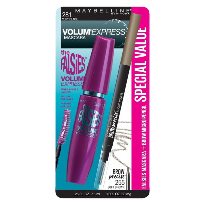 Maybelline The Falsies Washable Mascara 281 Very Black + Brow Precise Micro Pencil 255 Soft Brown - 0.25oz, 281 Very Black +