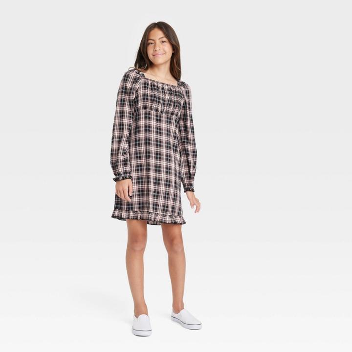 Girls' Woven Long Sleeve Dress - Art Class Black Plaid