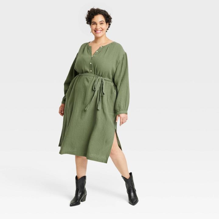 Women's Plus Size Balloon Long Sleeve Tie-front Shirtdress - Universal Thread Green