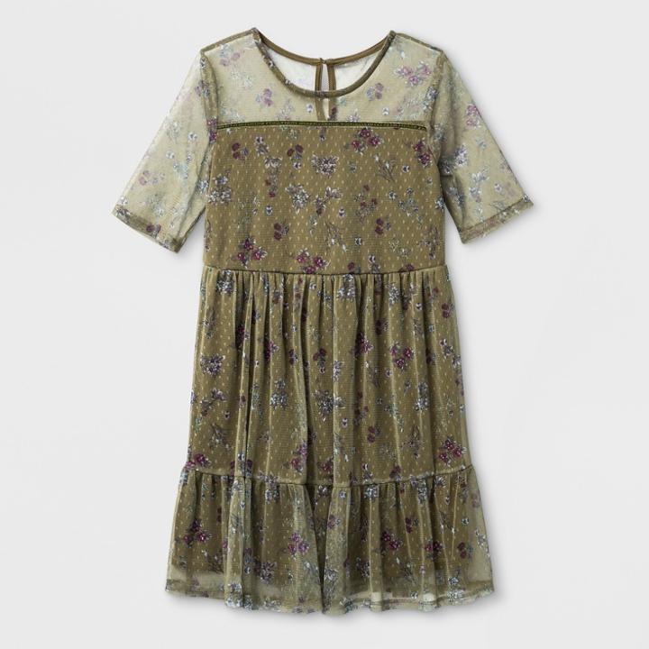 Girls' Illusion Mesh Dress - Art Class Olive Floral