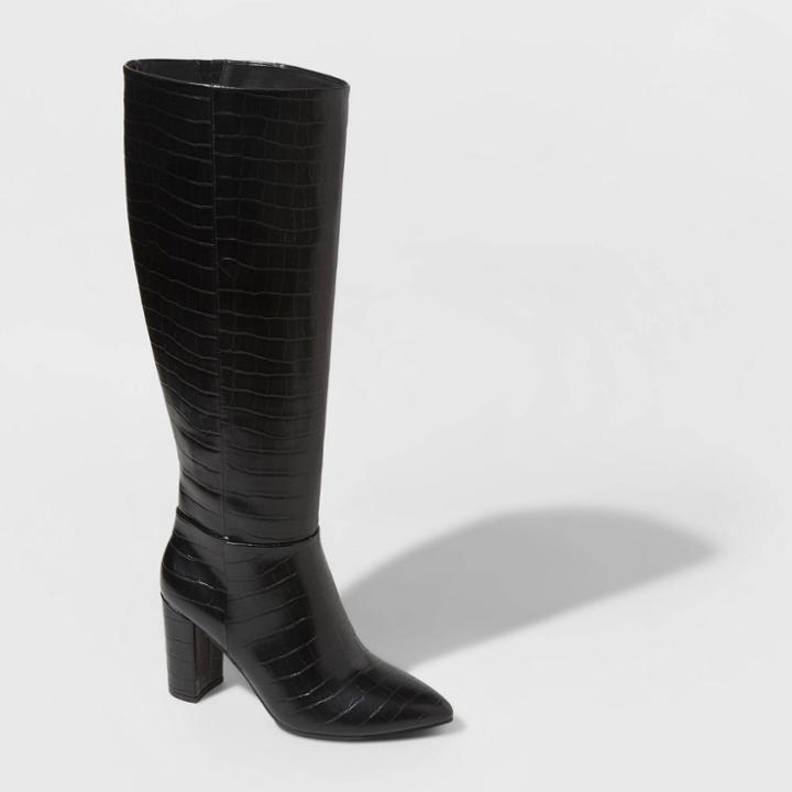 Women's Birgitte Animal Print Heeled Tall Fashion Boots - A New Day Black