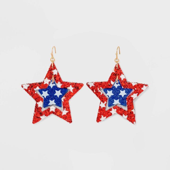 No Brand Americana Glitter Star Cut Out Drop Earrings, One Color