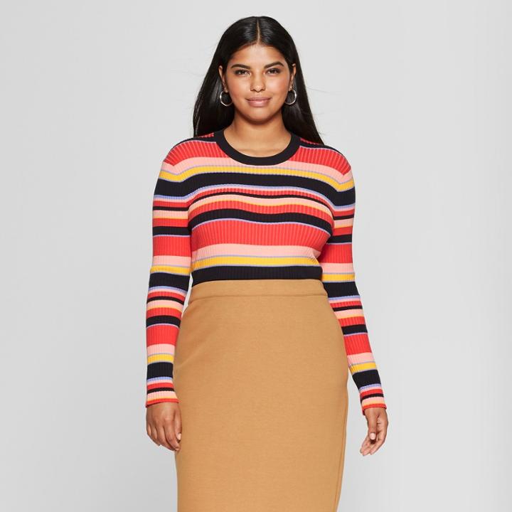 Women's Plus Size Striped Long Sleeve Crew Sweater - Who What Wear Red/black 2x, Red/black