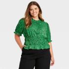 Women's Plus Size Ruffle Elbow Sleeve High Neck T-shirt - Who What Wear Green Polka Dot