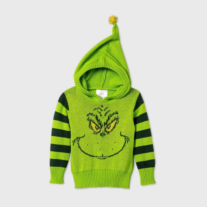 Dr. Seuss Baby Grinch Hooded Pullover Ugly Christmas Sweater - Green Newborn