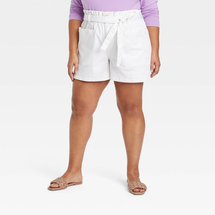Women's Plus Size Paperbag Jean Shorts - Ava & Viv White