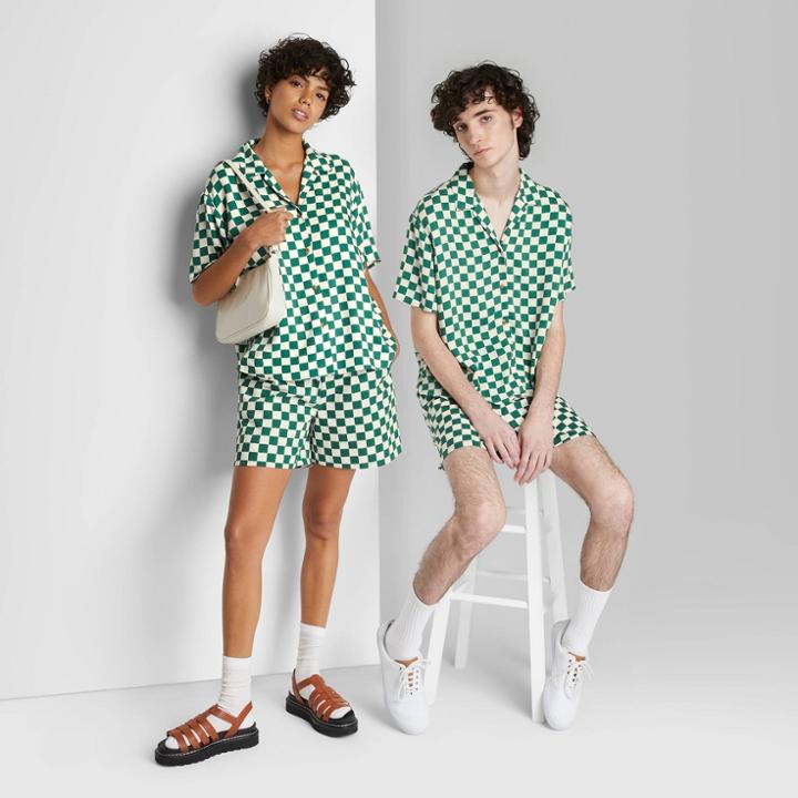 Short Sleeve Camp Button-down Shirt - Wild Fable Emerald Green Check