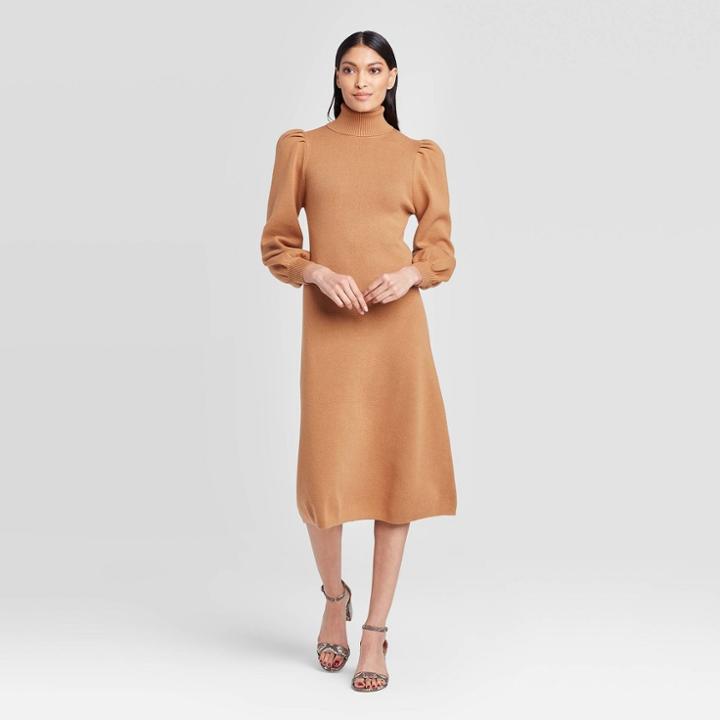 Women's Puff Long Sleeve High Neck Sweater Dress - Who What Wear Sand Xs, Women's, Brown