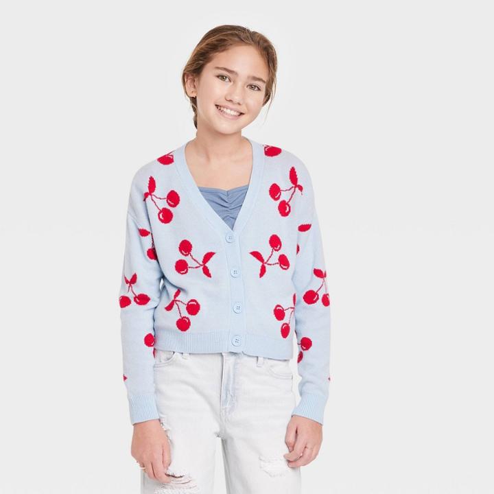 Girls' Boxy Cropped Cardigan - Art Class Light Blue Cherry
