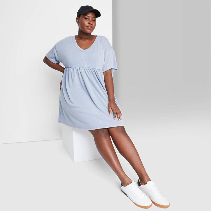 Women's Plus Size Short Sleeve Babydoll Sweatshirt Dress - Wild Fable Blue
