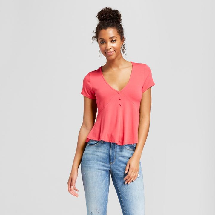 Women's Short Sleeve Button Detail Top - Soul Cake (juniors') Coral