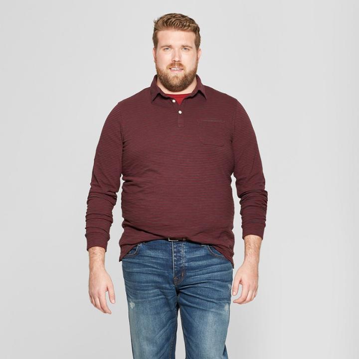 Men's Big & Tall Striped Standard Fit Long Sleeve Jersey Polo Shirt - Goodfellow & Co Berry Cobbler