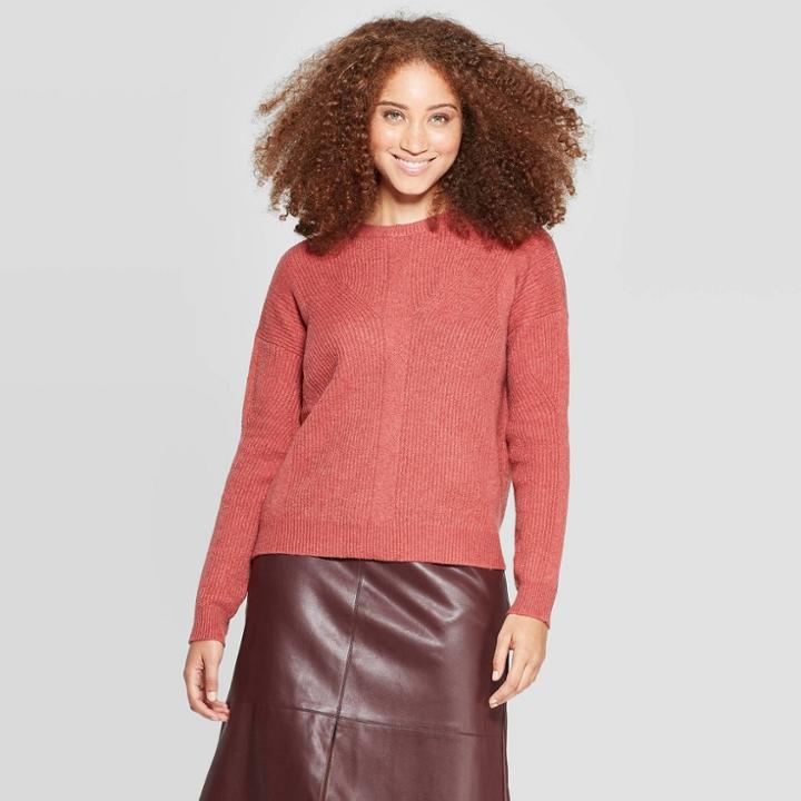 Women's Long Sleeve Crewneck Textured Pullover Sweater - A New Day Rust S, Women's,