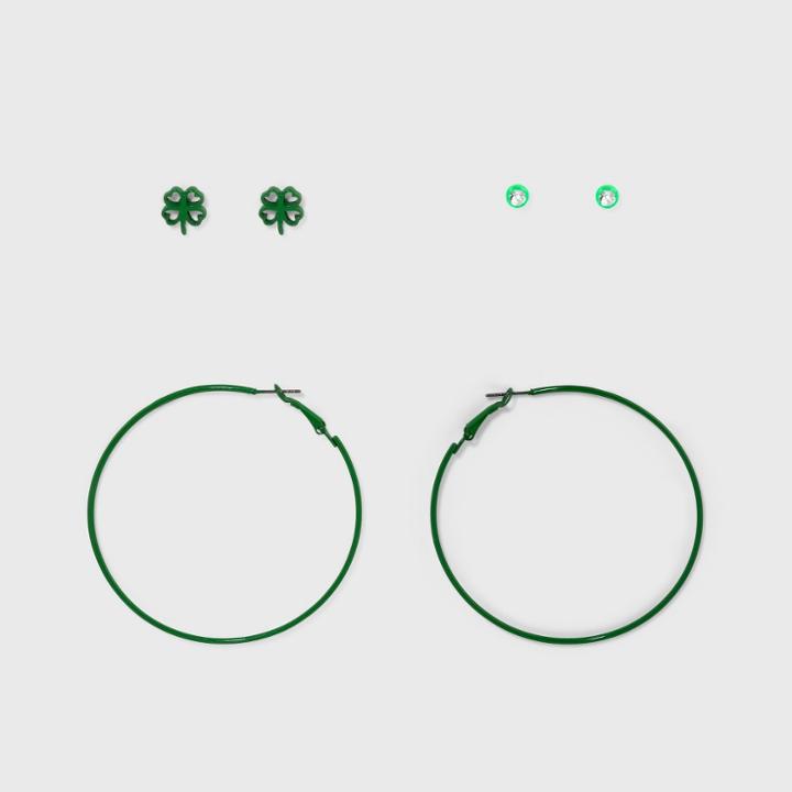 Target Hoop Stud And Clover Trio Earring Set - Green, Girl's